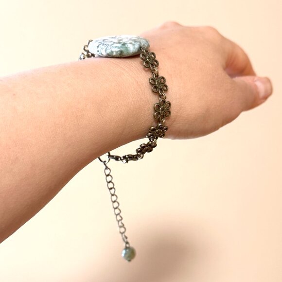 2/$20, Genuine White Green Tree Agate Bracelet, Gemstone + Antique Bronze Flower - Picture 12 of 12